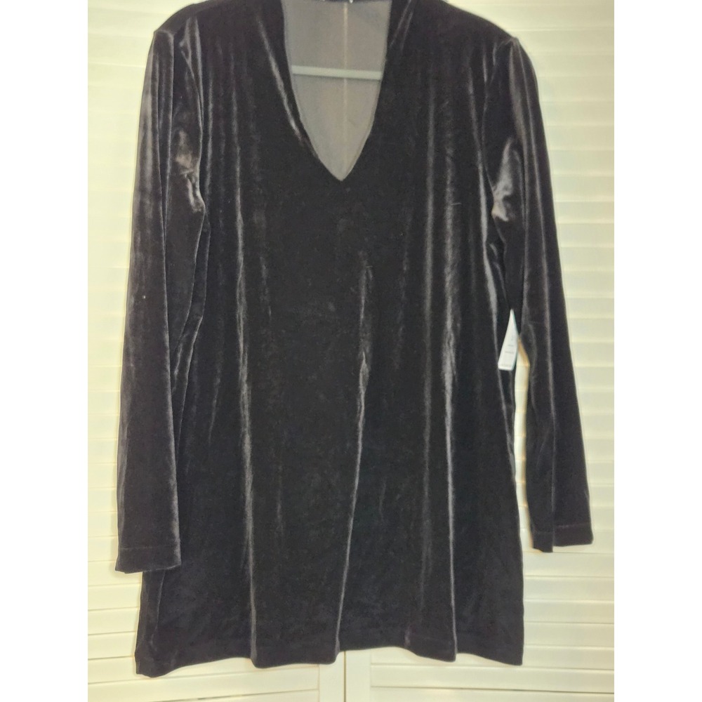 Chico's Velvet V-Neck Tunic Top Size 2 Large Black Long Sleeve Knit 570317740